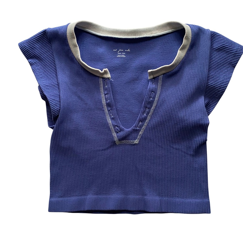 Out From Under Crop Top Blue Ribbed V Neck Cap Sleeve Size XS/S